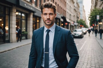 Wall Mural - Stylish businessman on city sidewalk