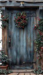 Sticker - Old wooden door decorated for Christmas. Christmas elements.