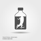 Fototapeta  - Panax Ginseng Tincture in glass bottle isolated. Vector illustration of ginseng root and plant in flat style.