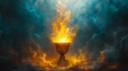 a painting of a burning urn in the middle of a dark blue and yellow sky with clouds in the background.