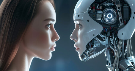 Young woman looking at female humanoid mecha robot. This is her digital biomechanical reflection in the future world. Artificial intelligence concept