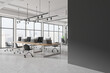 White industrial style open space office corner with coworking and glass board room, gray blank wall