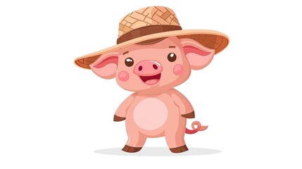 A cartoon pig wearing a straw hat is smiling