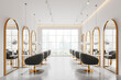 Luxury beauty salon interior with armchairs, cosmetics on table near window