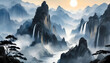 Mountain range landscape painting featuring cliffs, waterfalls, and blue smoke clouds in the Chines.