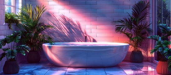 Wall Mural - An elegant bathroom with a bathtub filled with purple liquid, surrounded by potted plants and a window overlooking a natural landscape