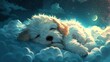 A white dog is sleeping in the clouds. The clouds are dark and the sky is blue. The dog is small and fluffy