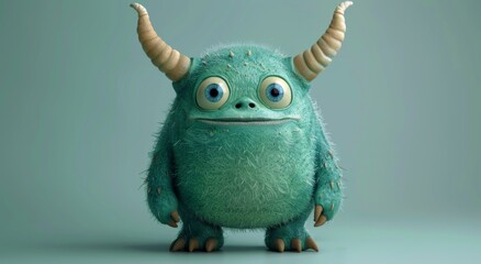 A cute cartoon baby green monster with horns and a big smile. The monster is looking at the camera and he is happy. 3d render style, children cartoon animation style