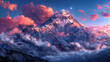 Beautiful mountain landscape with heavy clouds and sunset view. Created with Ai