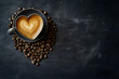 Glass of latte coffee against a background of coffee beans in the shape of a heart on a dark background. Concept banner template for advertising coffee shops, restaurants and coffee brands. Copyspace