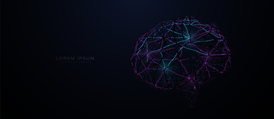 Poster - Human brain with blue and purple neural connection lines and glowing. Colorful brain. Vector Illustration
