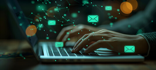 Hands typing on laptop keyboard with digital email icons and particles. Online communication and internet technology concept. Design for website banner or cybersecurity infographic, mail tabs
