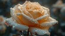 A Close Up Of A Yellow Rose With Drops Of Water On It's Petals And A Blurry Background.