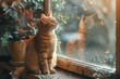 Ginger cat with attentive gaze at butterflies on window.