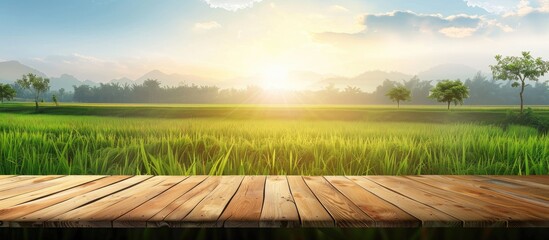 Poster - A wooden table stands in the foreground with a field stretching out in the background. The natural landscape includes grass, sunlight, and a cloudy sky