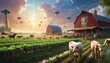 A fantastical rural scene with flying saucers hovering over a bustling farm at sunset, blending sci-fi with rustic charm. AI Generation