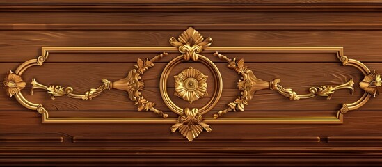 A hardwood wall adorned with a symmetrical gold decoration, featuring intricate patterns and metal brackets. The creative arts displayed enhance the beauty of the rooms ceiling molding