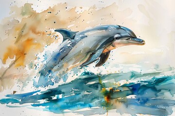 Wall Mural - a Dreamy Dolphin Watercolor swimming gracefully through a sun-dappled sea, their playful antics and graceful forms evoking a sense of joy and freedom