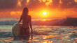  Female Surfer with Board Watching Sunset on the Beach. Surfing Lifestyle and Summer Vibes Concept