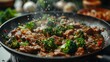  A wok filled with meat and broccoli steaming on a stove