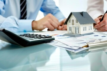 Two professionals in suits diligently work on real estate deals with house model and calculator present