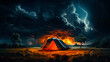 Tent is burning in wild camp during storm with lightnings in the sky. man is approaching the tent looking for help.