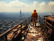 Man in protective suit is standing on the roof of ruined building and looking at the city.