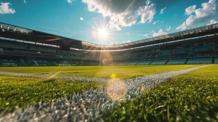 Wall Mural - A soccer field with a bright sun shining on it