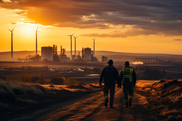 Wall Mural - Two workers are walking on road at sunset with wind turbines in the background.