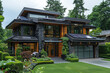 photo of a modern home in Vancouver, with wood and stone accents, solar panels on the roof, large windows. Created with Ai