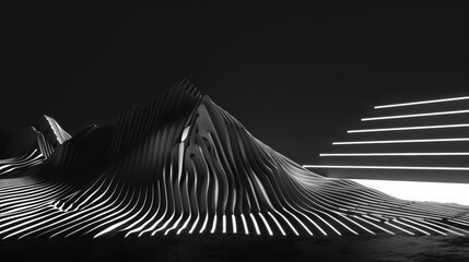 Sharp, angular lines forming a mountain landscape, executed in a minimalist black and white scheme, fluorescent colors 