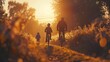 A family of three riding bikes in a forest. The sun is setting and the sky is orange