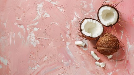 Wall Mural - Coconuts on a textured pink surface, space for text, top view