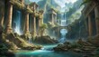 Serene landscape of a forgotten civilization, with majestic ancient ruins, cascading waterfalls and lush vegetation under soft sunlight.. AI Generation
