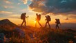 A group of four people are hiking up a hill in the evening. The sun is setting, casting a warm glow over the landscape. The hikers are carrying backpacks and are walking in a line