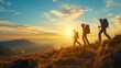 © Rattanathip - A group of people are hiking up a mountain, with the sun setting in the background. Scene is peaceful and serene, as the group enjoys the beautiful scenery and the warmth of the sun