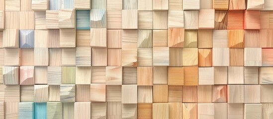 Wall Mural - The flooring resembles a wall of rectangular wooden cubes, creating a brown hardwood surface with a bricklike pattern in beige. The building material creates a unique and rustic look for the floor