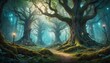 Mystical lights dance among ancient trees in an enchanted forest, where a serene path invites travelers into a world of fantasy and legend at twilight.. AI Generation
