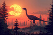 Troodontid Theropod Dinosaur Silhouette at Dramatic Sunset in Primeval Forest Landscape