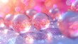   A collection of transparent orbs resting on a reflective platform, illuminated by pink and blue background lights