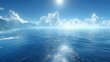   A vast expanse of water beneath a cerulean sky, dotted with fluffy clouds and a radiant sun centrally positioned