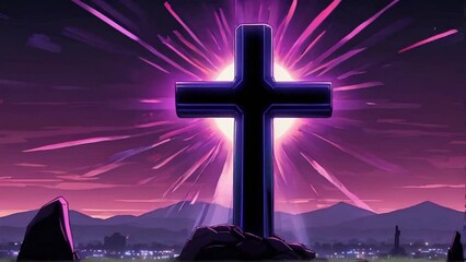 Wall Mural - Cross on plain black background with purple light flare from Generative AI