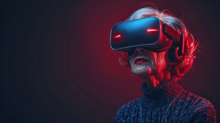 Senior woman wearing virtual reality glasses. New technologies and old aged people. Banner with copy space