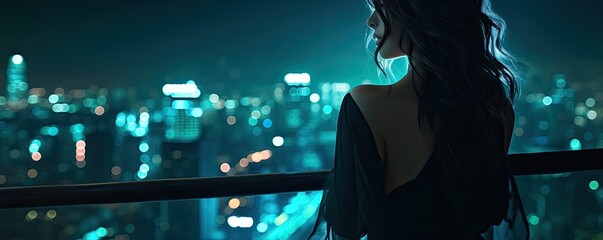 Wall Mural - Against the backdrop of a cityscape aglow with lights, a woman stands on a balcony, gazing out over the urban panorama beneath the starry night sky.