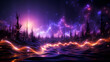 Futuristic curve purple and violet moving water and liquid wave vibrant golden glitter color in dark night and star light background.  fairy tale fantasy imagination