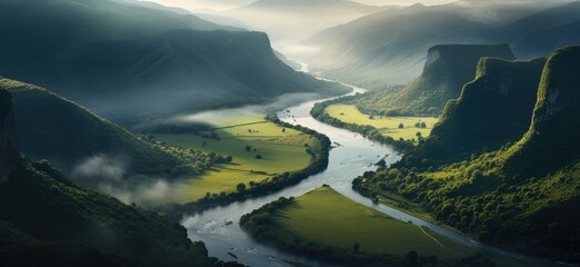 Wall Mural - Nature's tranquility unfolds as water flows through a lush valley, hugged by imposing mountains beneath the veil of a cloudy sky.