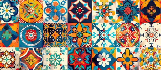 Canvas Print - A variety of vibrant tiles displaying unique designs inspired by creative arts and symmetry. Perfect for adding a pop of color and style to any window, flooring, or textile project