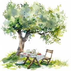 Watercolor clipart of a picnic under a shady tree, summer leisure on white background