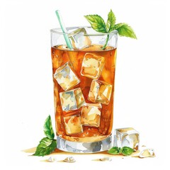 Wall Mural - Watercolor ice tea and fresh mint, refreshing summer drink on white background