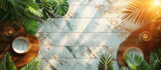 Poster - A table made of wood is adorned with coconuts and palm leaves, creating a tropical landscape. The greenery adds a touch of nature to the wooden flooring